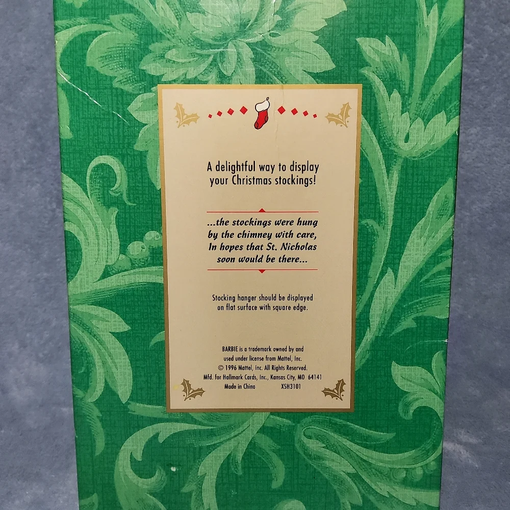 New In Box Vintage 1996 Hallmark Holiday Barbie Stocking Hanger Green Glittery - Picture 7 of 8